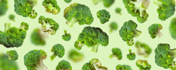 Flying fresh raw green broccoli on light green background. Creative food concept. Healthy diet vegan organic food, vitamins, cooking ingredient. Broccoli abstract pattern. Summer vegetable background