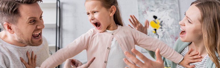 Screaming kid pushing away quarreling parents, banner.