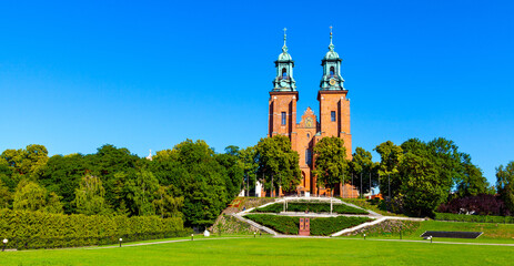 Gothic cathedral of Virgin Mary Assumption and St. Wojciech at Lech Hill in old town historic city center of Gniezno in Grater Poland region