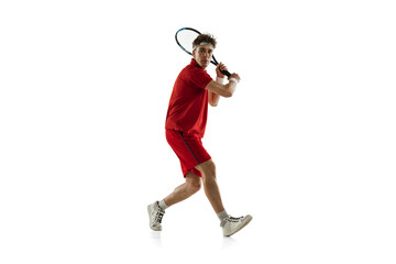 One Caucasian man, professional tennis player isolated on white background.
