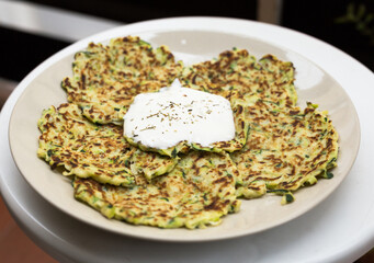 fried zucchini pancakes with greek yogurt