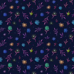 Seamless colorful neon watercolor floral patterns on dark blue background. Hand-drawn flowers, twigs with leaves. Old fashioned print for fabrics, textiles, wrapping paper, home decor, scrapbooking