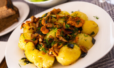 rustic dish. fried potatoes with chanterelle mushrooms with herbs