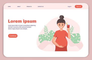 Landing page, pregnant woman with a smoothie. Pregnant woman concept vector illustration in cute cartoon style, healthcare, pregnancy. Healthcare concept