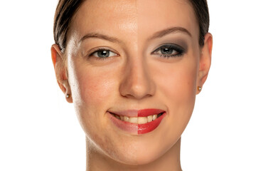 Comparison portrait of a woman without and with makeup