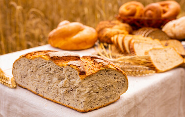 lot of different flavored bread, wheat, rye, on the table in the field outside