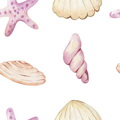 Aquarell Musterdesign mit Muscheln. © Tapilipa