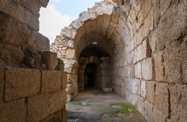 Remains  of a tunnel under the podium at the ruins of the Beit Guvrin amphitheater, near Kiryat Gat, Israel