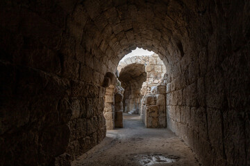 Remains of a tunnel under the podium at the ruins of the Beit Guvrin amphitheater, near Kiryat Gat, Israel