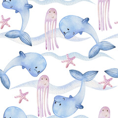 Aquarell Musterdesign mit Meerestieren. © Tapilipa