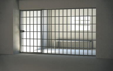 Prison cell interior with locked door and light shining through window. 3d rendering