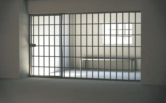 Prison Cell Interior With Locked Door And Light Shining Through Window. 3d Rendering