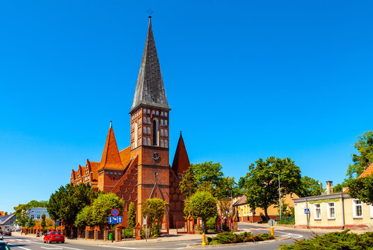 Neo-Gothic St. Andrew Bobola church at Ogrodowa street in historic city center of Szubin in Grater Poland region