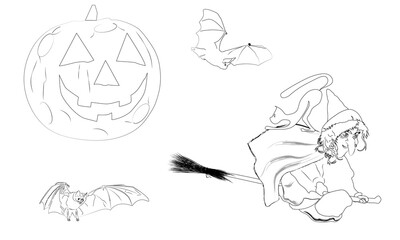 Coloring page: a witch with a black cat, flying on a broomstick surrounded by bats on the background of the moon in the form of a Jack-o'-lantern.