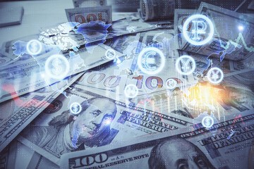 Multi exposure of forex chart drawing over us dollars bill background. Concept of financial success markets.