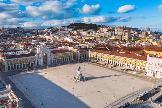 Aerial top view of Commerce Square or Praca do Comercio in Lisbon city old town, Portugal.