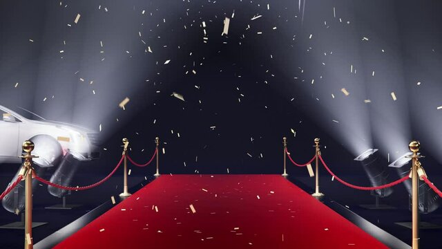 red carpet with limousine and confetti