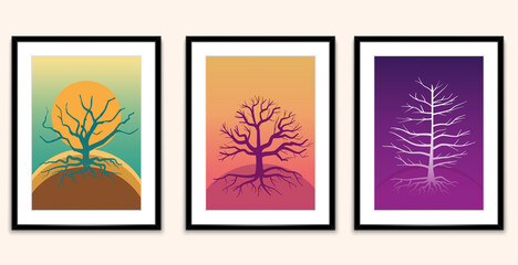 Divine or mystery colorful dry trees wall art.Three pieces poster design.Abstract wall art.
Design for cover, poster, brochure, magazine, postcard, flyer, wallpapers. Interior wall decor.
