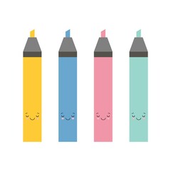 set of cute cartoon marker pens, red, green, yellow, blue. Vector art colourful highlighters