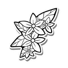 Black line a flowers and leaves on white silhouette and gray shadow. Hand drawn cartoon style. Doodle for decoration or any design. Vector illustration of kid art.