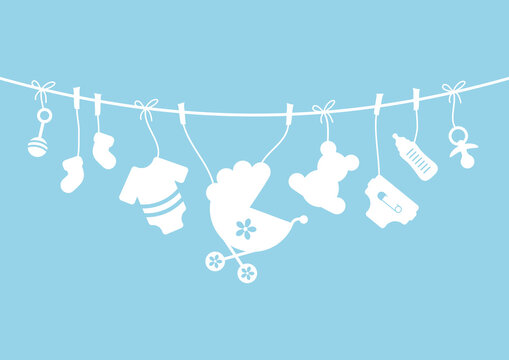 H&auml;ngende Babysymbole Junge Gebogene Leine Silhouette Blau Wei&szlig;