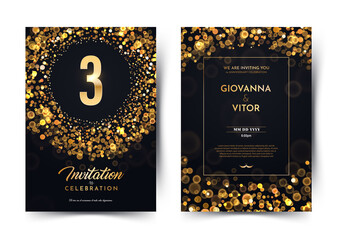 3rd years birthday vector black paper luxury invitation double card. Three years wedding anniversary celebration brochure. Template of invitational for print on dark background with bokeh lights