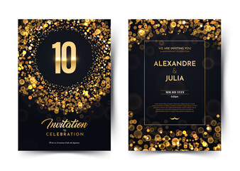 10th years birthday vector black paper luxury invitation double card. Eight years wedding anniversary celebration brochure. Template of invitational for print on dark background with bokeh lights