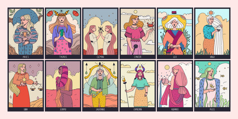 Set of zodiac signs with beautiful girls. Cartoon vector illustration. - obrazy, fototapety, plakaty