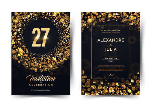 27th years birthday vector black luxury invitation double card. Twenty seven years wedding anniversary celebration brochure. Template of invitational for print on dark background with bokeh lights
