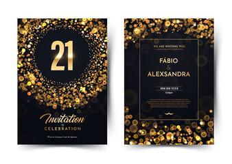 21st years birthday vector black paper luxury invitation double card. Twenty one years wedding anniversary celebration brochure. Template of invitational for print on dark background with bokeh lights