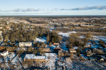 Obraz premium Aerial view of abandoned Kuldiga town match factory and wood processing company Vulkans, Latvia.