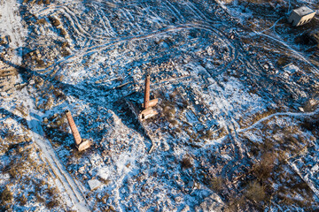 Aerial view of abandoned Kuldiga town match factory and wood processing company Vulkans, Latvia.