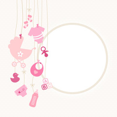 Links Hängende Babysymbole Mädchen Pink Runder Rahmen Beige