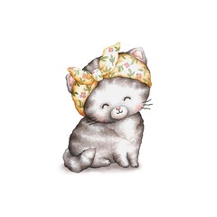 cute kitty with a yellow scarf on her head. watercolor illustration of cute animals. isolate. print for baby t-shirt 