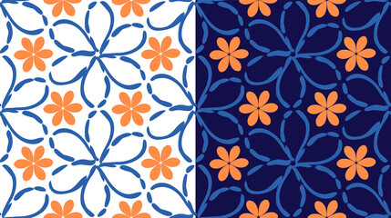 Fototapeta premium Floral geometric seamless pattern, doodle style, simple flower shapes, orange color. Blue, white background. Vector
