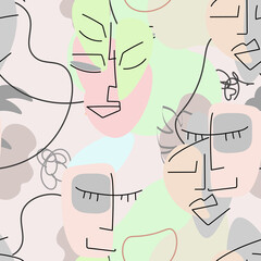 One line drawing. Abstract face seamless pattern.