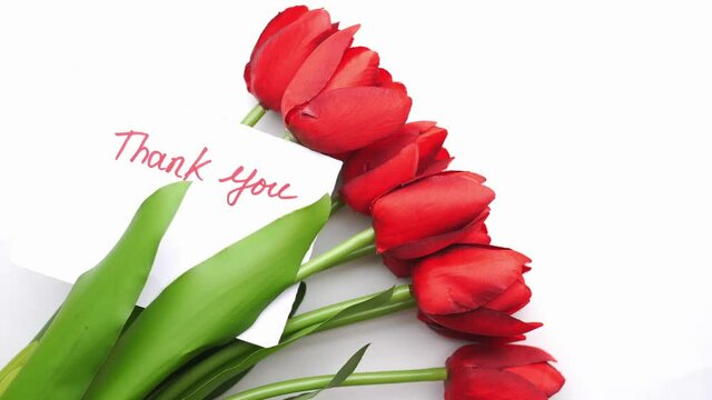 thank you message on paper with tulip flower on white background 