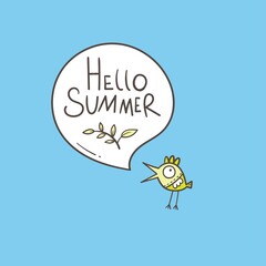 Greeting card with cute cartoon bird. Hello summer. Vector seasonal print. Funny doodle animal poster.