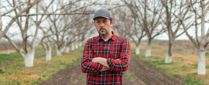 Portrait Of Handsome Confident Farmer With Baseball Cap And Flannel Shirt In Walnut Fruit Orchard