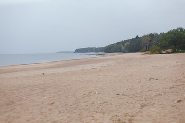 The coast of the Gulf of Finland. Large granite stones on a sandy beach