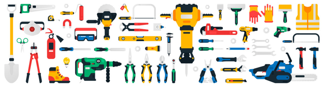 Construction tools set. Collection of tools for repair, construction, finishing work. Work accessories for locksmith, electrician, plumber, builder, carpenter. Isolated vector illustration.