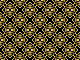 Wallpaper in the style of Baroque. Seamless vector background. Gold and black floral ornament. Graphic pattern for fabric, wallpaper, packaging. Ornate Damask flower ornament