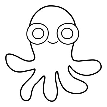 Cute linear octopus hand-drawn isolated on white stock vector illustration. Simple cartoon octopus coloring page for kids printable activity page. Funny doodle undersea animal black outline on white