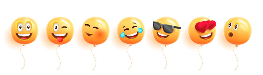 Set of round yellow balloons with laughing and smiling face expressions, cartoon characters 3d graphic