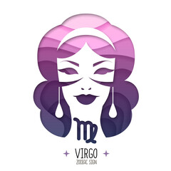 Witchcraft card with astrology Virgo zodiac sign.  Woman head logo design. Cut out paper art style design.