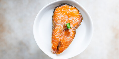 salmon hot smoked steak seafood fish snack meal copy space food background rustic. top view vegetarian 