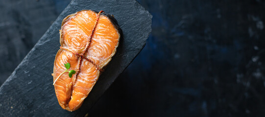 salmon hot smoked steak seafood fish snack meal copy space food background rustic. top view vegetarian 