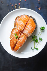 salmon hot smoked steak seafood fish snack meal copy space food background rustic. top view vegetarian 