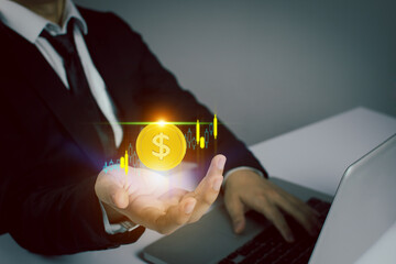 Business people are using Stock chart innovative technology. Mixed media, digital smartphone and online shopping concept.