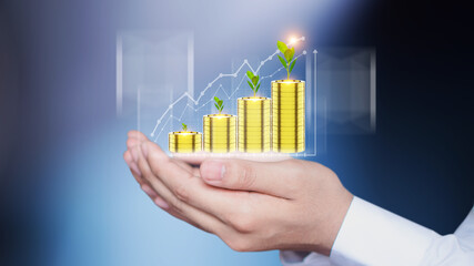 money coin for growing your business  people are using Stock chart innovative technology. Mixed...